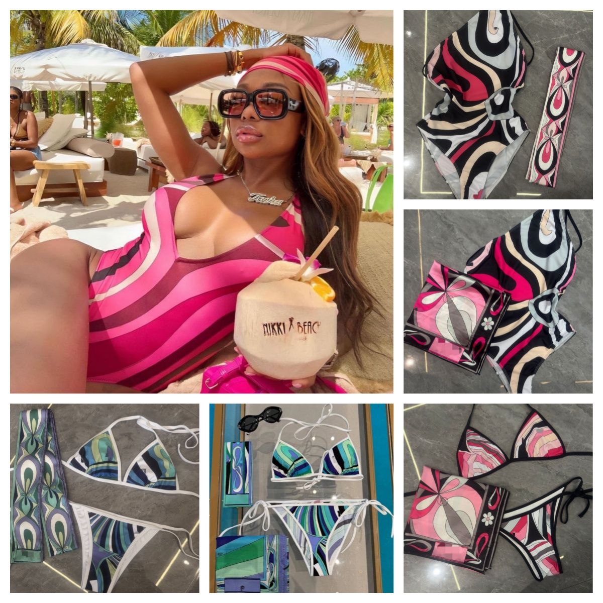 Women's Bikini Swimsuit Colorful Split V Neck 3 Piece Set With Scarf Skirt Sexy Designer Beachwear For Vacation Bathing Suits - 1 of 8