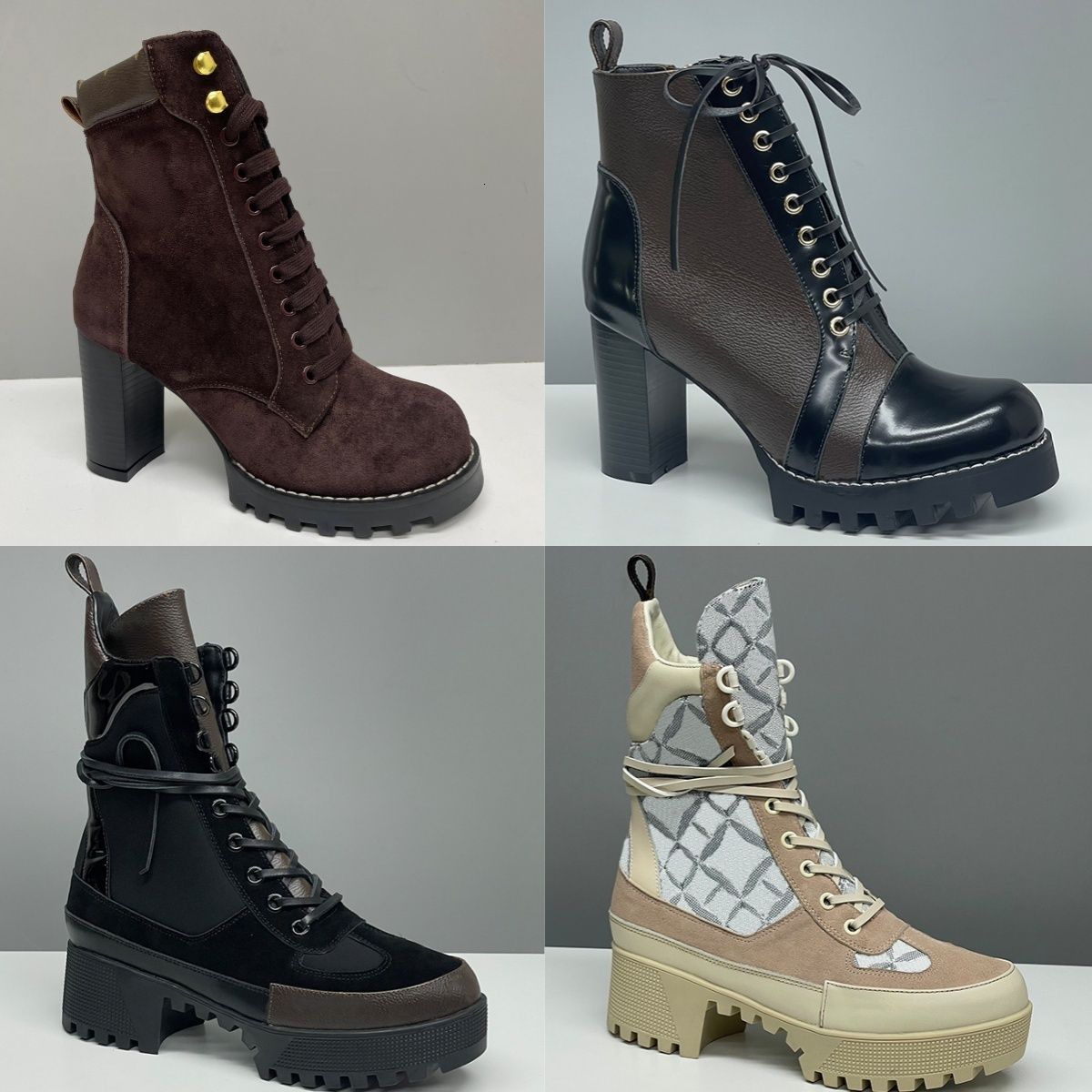Designer Women Ankle Boot Luxury Martin Desert Boots High Heel Boots Suede Calf Leather Winter Boots Camel Over Knee Boot Woman Classic Vintage Print High Quality 013 - 1 of 8