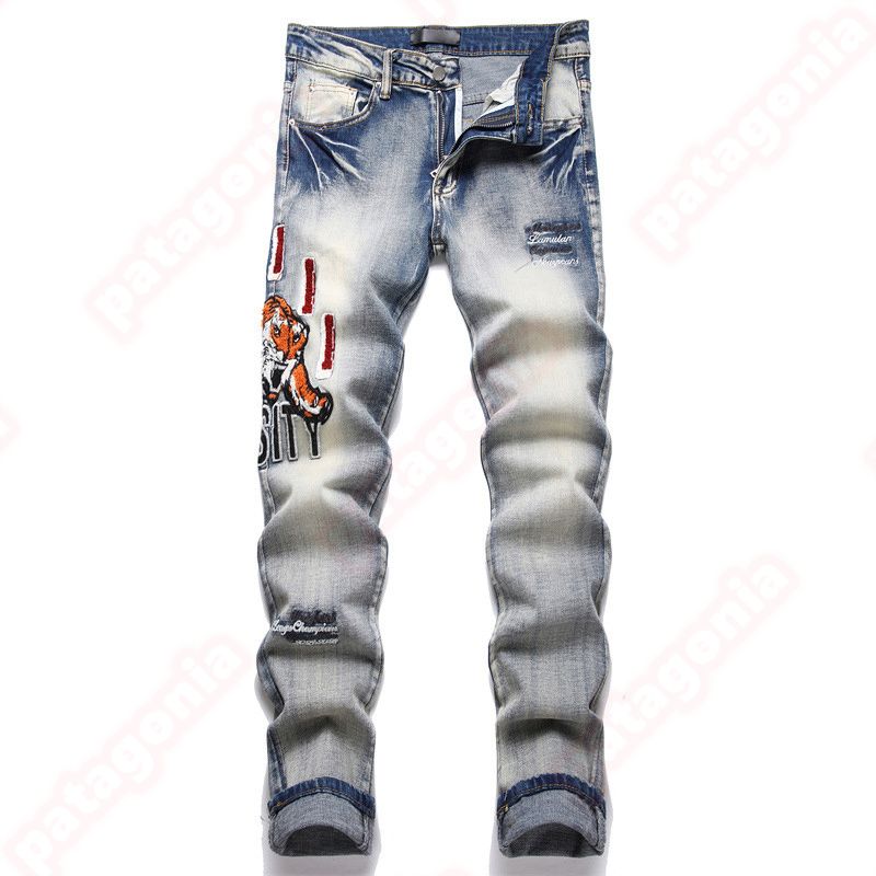 Mens Designer jeans Fashion Jeans European America Style Jean Streetwear Letter Embroidery Pants Patchwork Ripped For Motorcycle Pant Skinny Jeans - 6 of 9