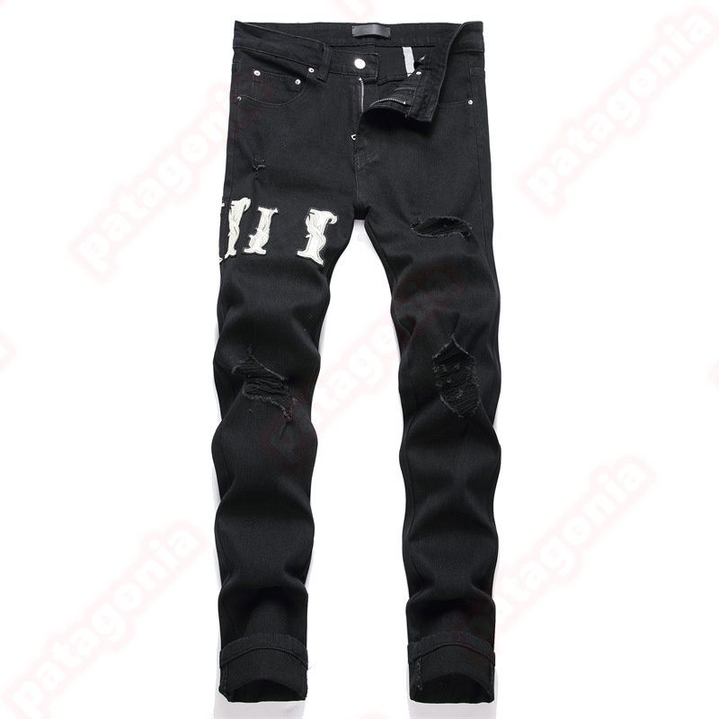 Mens Designer jeans Fashion Jeans European America Style Jean Streetwear Letter Embroidery Pants Patchwork Ripped For Motorcycle Pant Skinny Jeans - 8 of 9