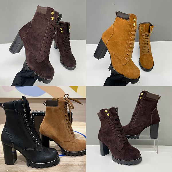 2026 Luxury Star Trail Ankle Boots Premium Women's Suede Calf Leather High-Heel Boot Camel Brown Chunky Block Heels Trendy Winter Footwear 1178 - Shoes & Accessories - menswatches1cool