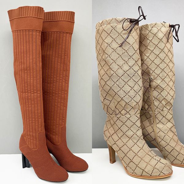 2026 Women Designer Boots Over The Knee Sock Boot Winter Socks Long Boot Adjustable Straps Canvas Zipper Laces Original Shoes Ladies Girls Sexy Knee High Boot 335 - Shoes & Accessories - menswatches1cool