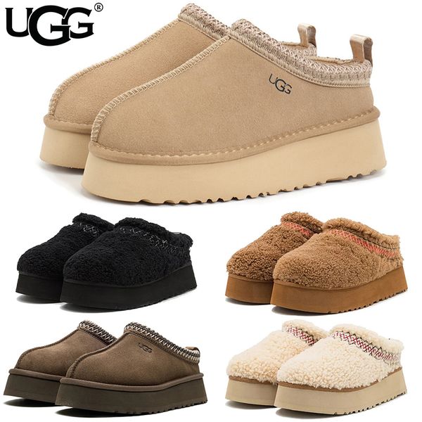 UGG Women's Tazz Platform Slippers Suede Curly Shearling Tribal Stitch Trim Slip On Warm Fur Lined Indoor Outdoor Winter Mule Slides Multiple colors - Shoes & Accessories - menswatches1cool