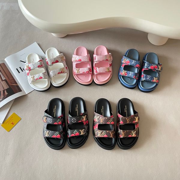 LV x TM Pool Pillow Flat Mule Cherry Print Platform Slide Sandals Women Adjustable Double Strap Metal Thick Sole Casual Outdoor Beach Couple Slippers Multiple colors - Shoes & Accessories - menswatches1cool