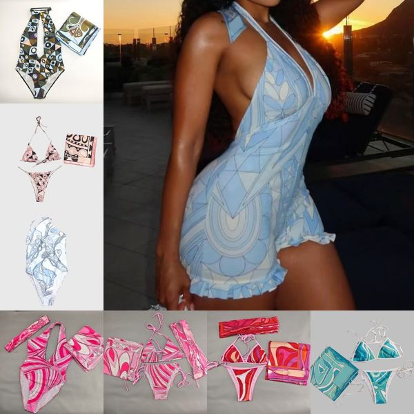 Mixed Prints Bikini Swimwear Headband Scarf Designer Women Sexy V Neck Swimsuits Sarong Skirt Halter Sleeveless Beachwear Beach Holiday Bathing Suits Swimsuit - Apparel - menswatches1cool