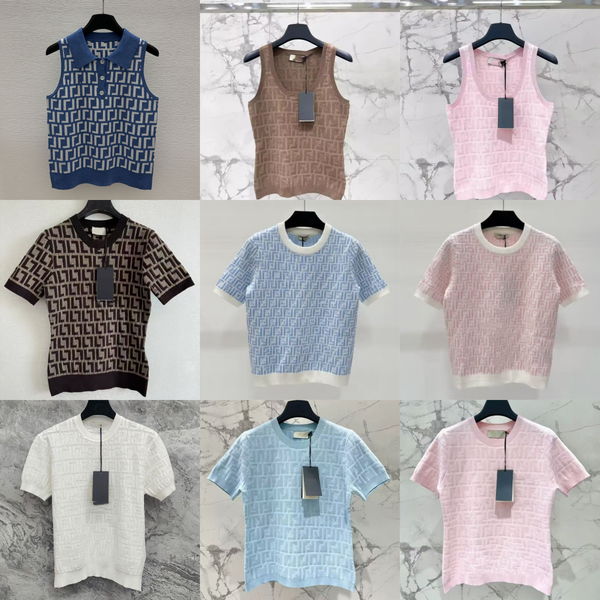 Womens Designer T Shirt Luxury Jacquard Knit Short Sleeve Textured Geometric Pattern Slim Fit Summer Tops - Apparel - menswatches1cool