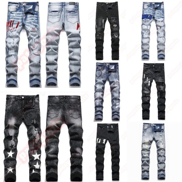 Mens Designer jeans Fashion Jeans European America Style Jean Streetwear Letter Embroidery Pants Patchwork Ripped For Motorcycle Pant Skinny Jeans - Apparel - menswatches1cool